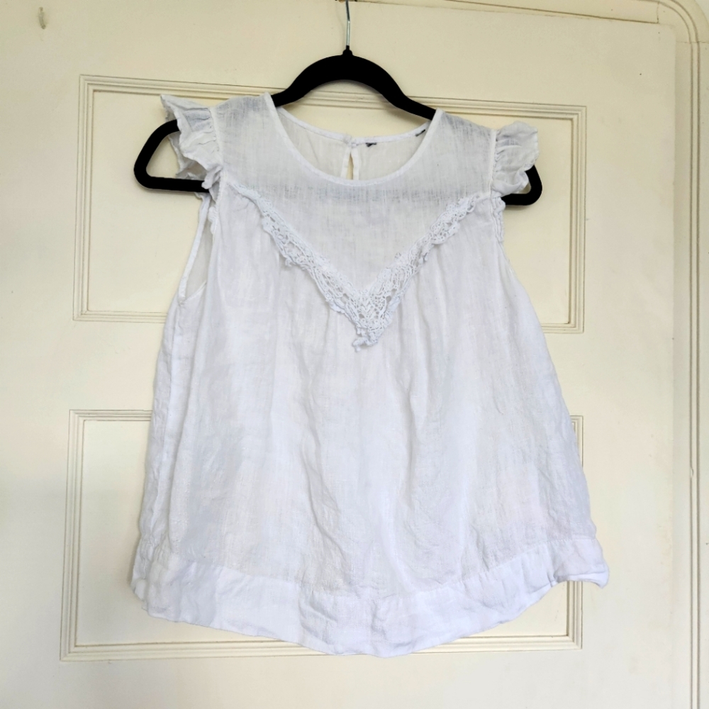 Linen Top Size Small White With Crochet Details And Ruffles